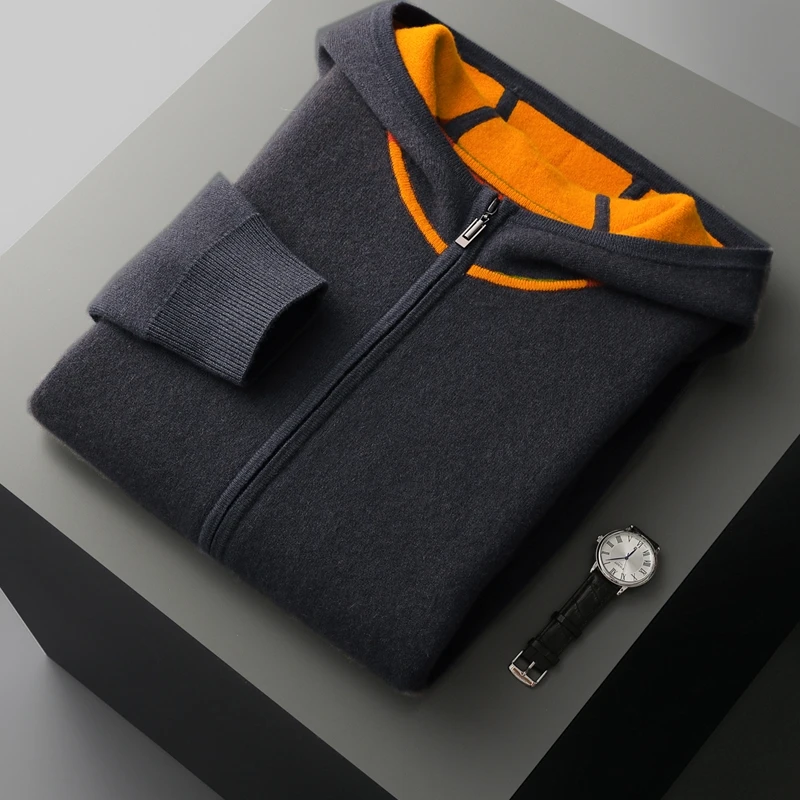 

100% Cashmere Sweater 2025 Autumn Winter New Men's Short Hooded Cardigan Youth Color Block Knitted Base Shirt Jacket