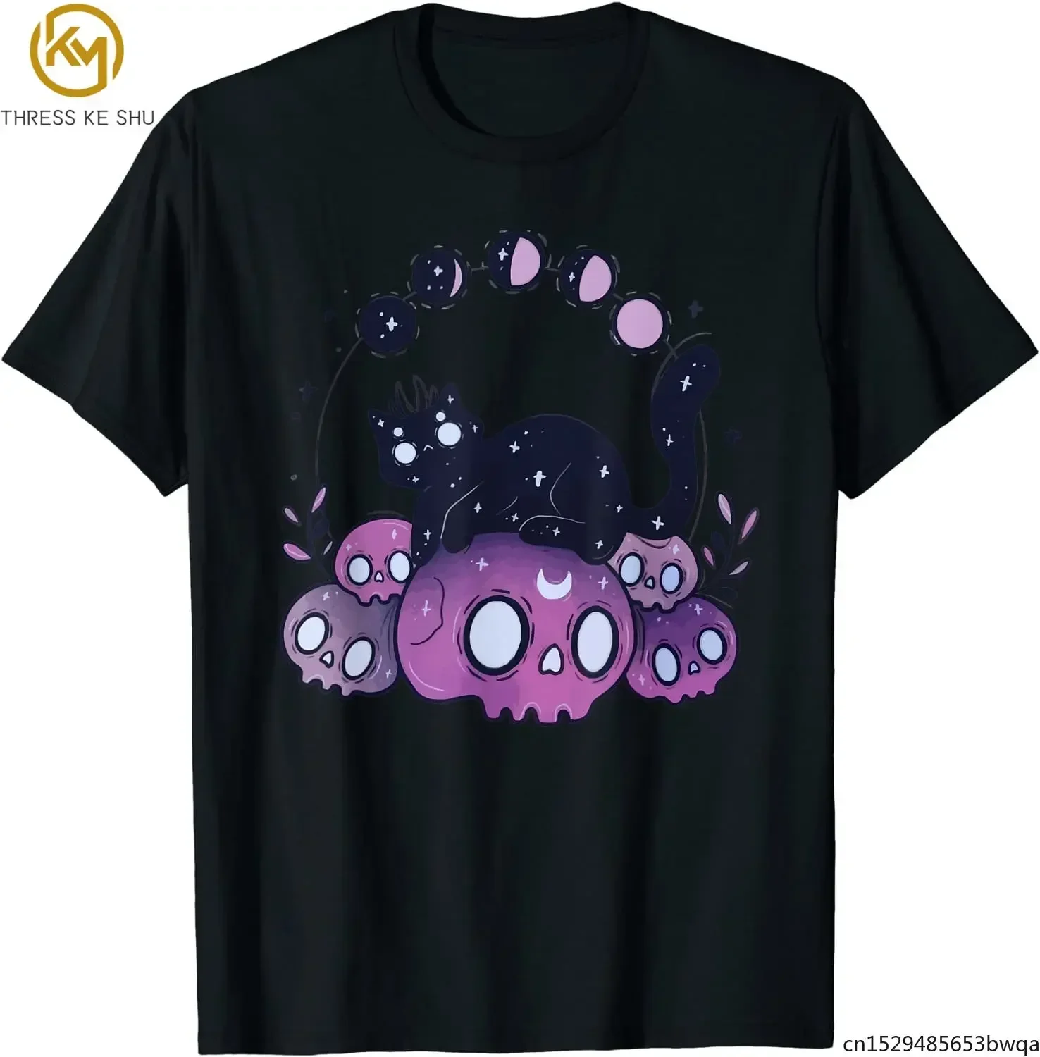 Kawaii Pastel Goth Art Cat and Skull Moon Phases Tattoo T-Shirt Unisex Tee