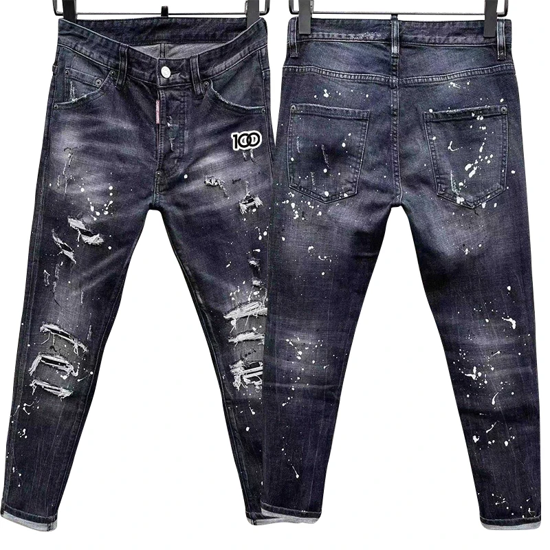 100 chareiharper c051 Men\'s skinny Skinny jeans Ripped Fabric Non-stretch Paint Splash vintage jeans