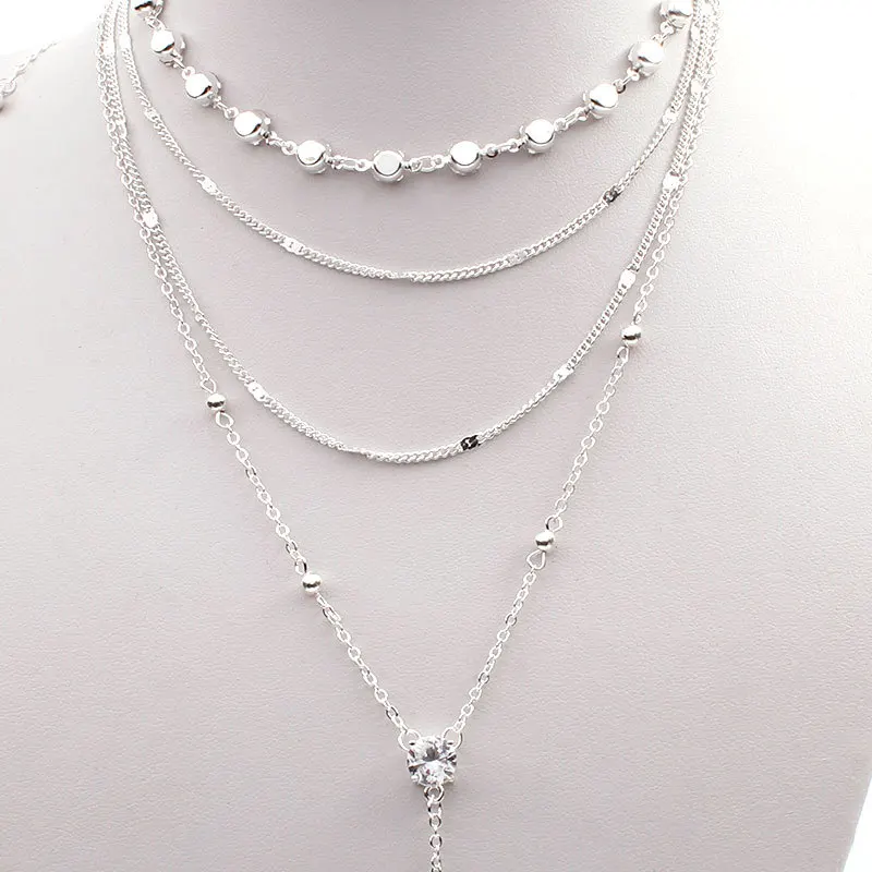 Long Tassel Rhinestone Y Style Collarbone Chain Layered Design 2 Pieces for Women Fashion Everyday Standard Length Silver Tone