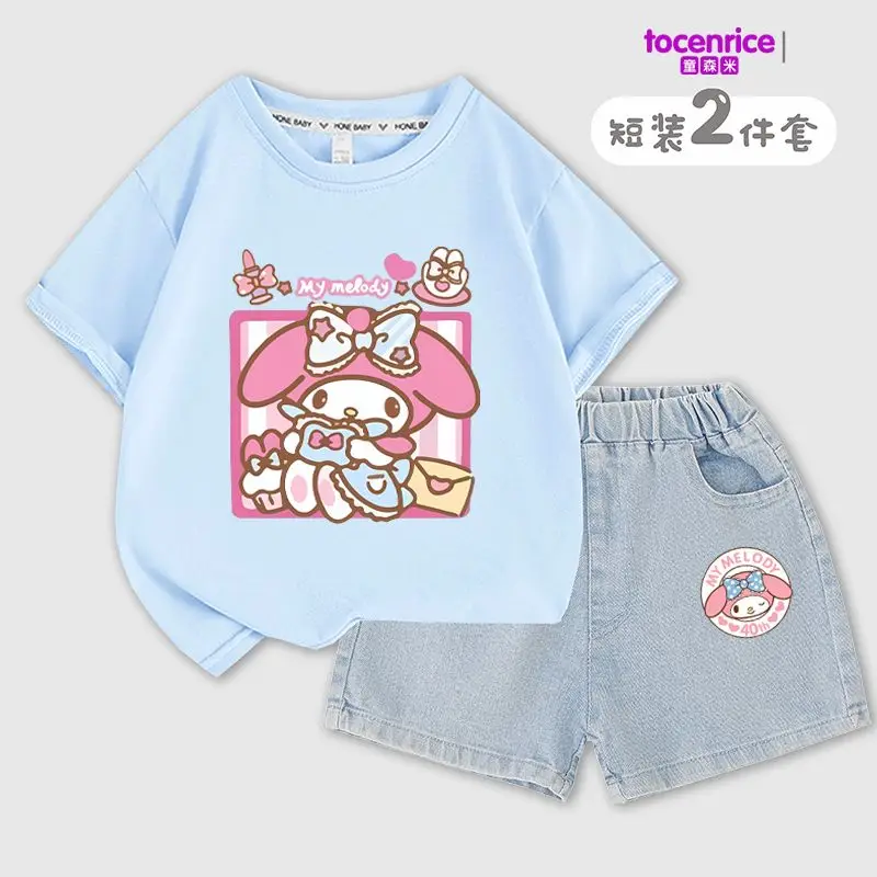 Sanrios Kids My Melody Kinderen Korte Mouwen Shorts Tweedelige Set Meisje Katoenen T-Shirt Denim Shorts Zomer Casual Kinderkleding