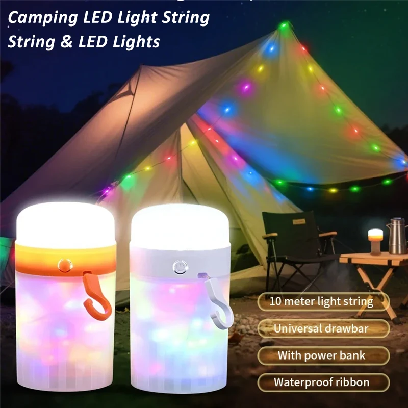 RGB Camping String Lights Outdoor Portable LED Tent Lamp Rechargeable Atmosphere Night Light Power Bank for Home Holiday Decor