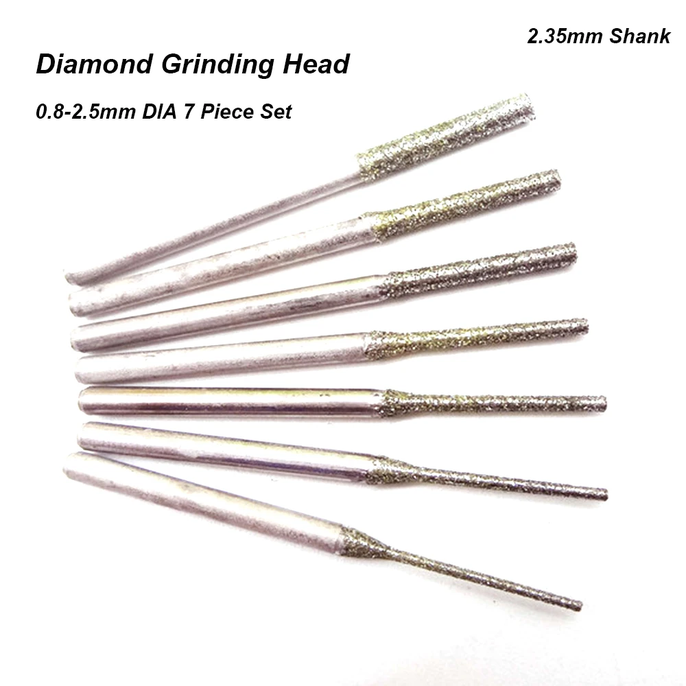 

7Pcs 0.8-2.5mm Cylinder Diamond Grinding Head Mounted Point Bits Burrs Engraving Polishing Abrasive Tool 2.35mm Shank for Dremel