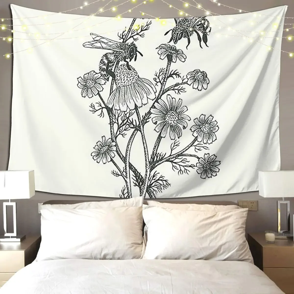 Bees And Chamomile On Offwhite Background Tapestry Hippie Wall Hanging Home Decor Tapestries for Living Room Bedroom Dorm Room