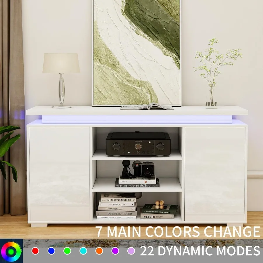 Suporte de TV brilhante, centro de entretenimento moderno com armazenamento, 2 portas para TVs de até 60 polegadas, mesa de console de mídia com luzes LED