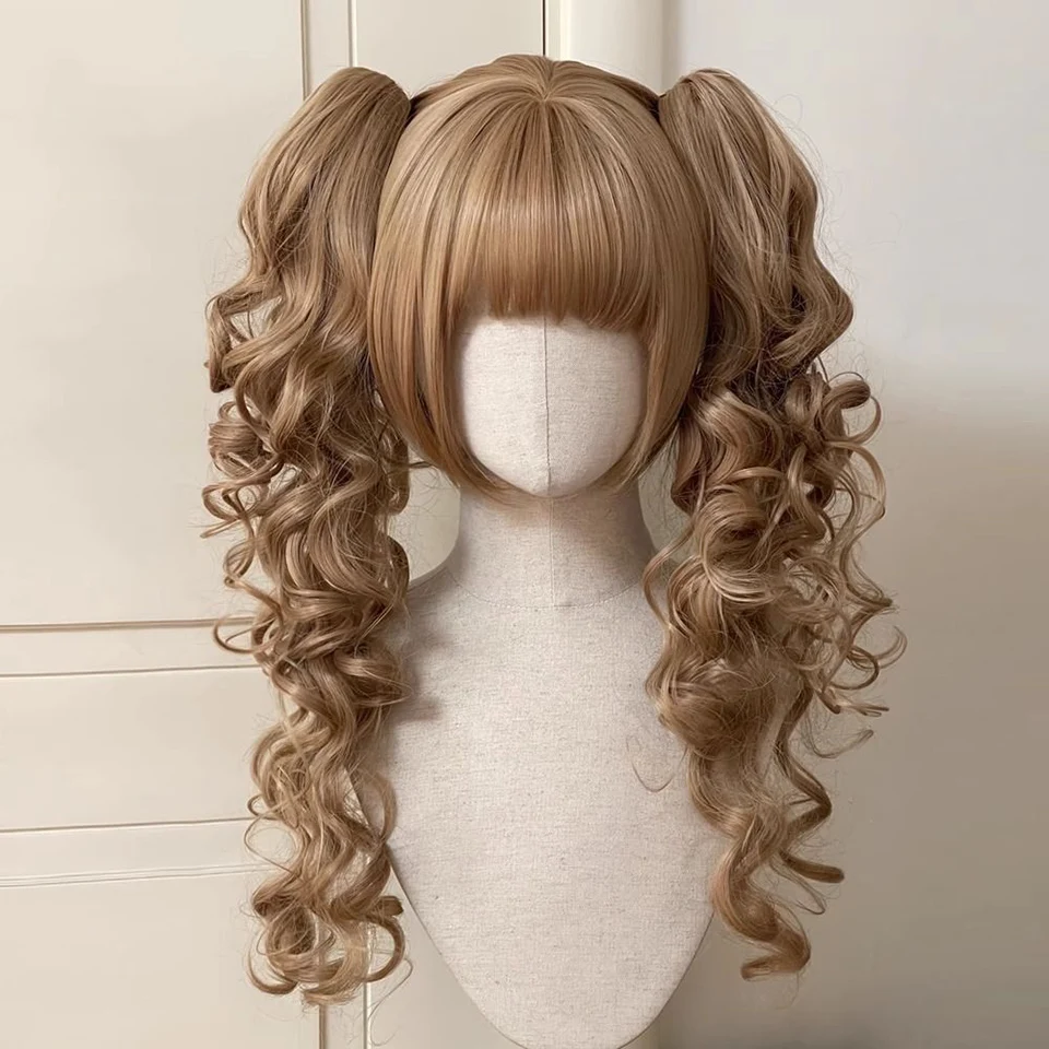 Synthetic Princess Cut Double ponytail Lolita Wig with Bangs Girl Ombre Blonde brown White gray Cosplay Halloween Harajuku wig