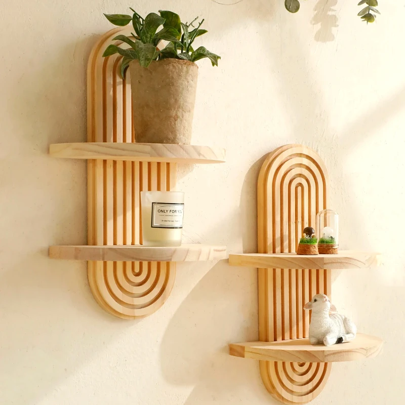 أرفف حائط خشبية على طراز بوهو من طبقتين - أرفف مثبتة على الحائط هندسية، لمسة نهائية من الخشب الطبيعي، ديكور منزلي حديث، ديكور نباتي