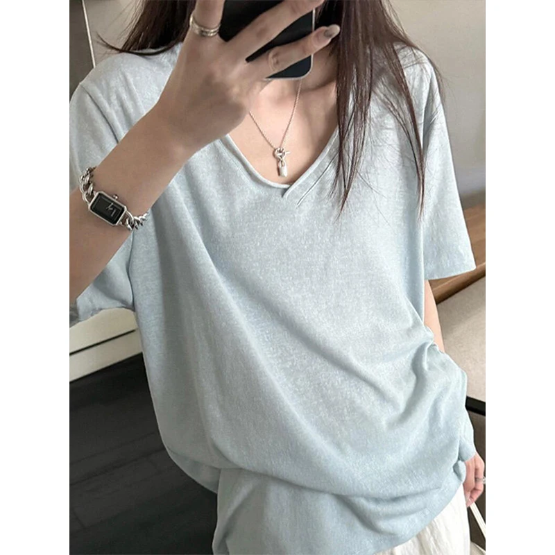 Gray Lazy Style Summer Thin Loose Lantern Pants White V-neck Versatile Top And Bottom Set Women's Fashion Casual Comfortable