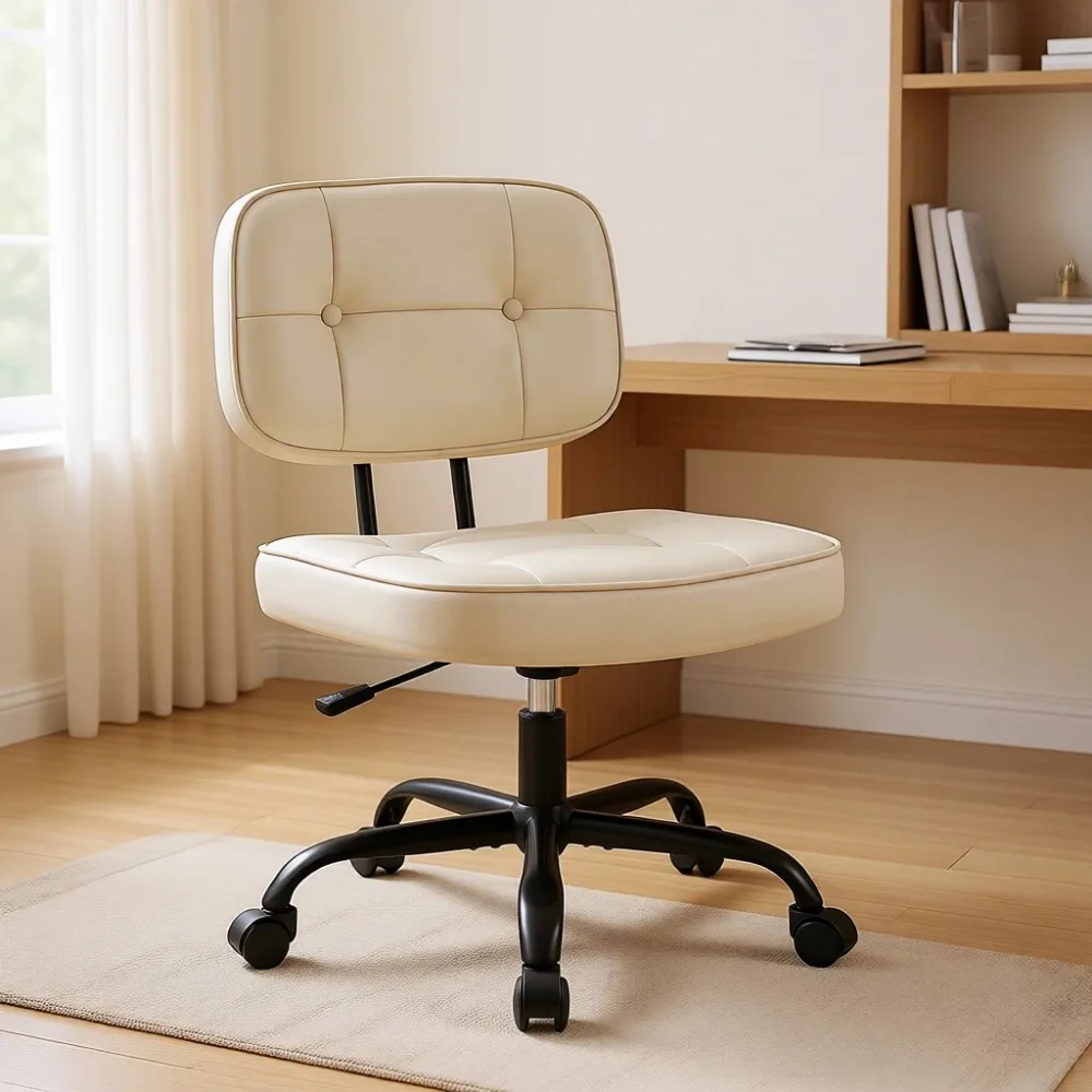 

Эргономичное офисное кресло без подлокотников из искусственной кожи с поясничной опорой и регулировкой высоты для дома, туалетного столика или спальни, бежевое
