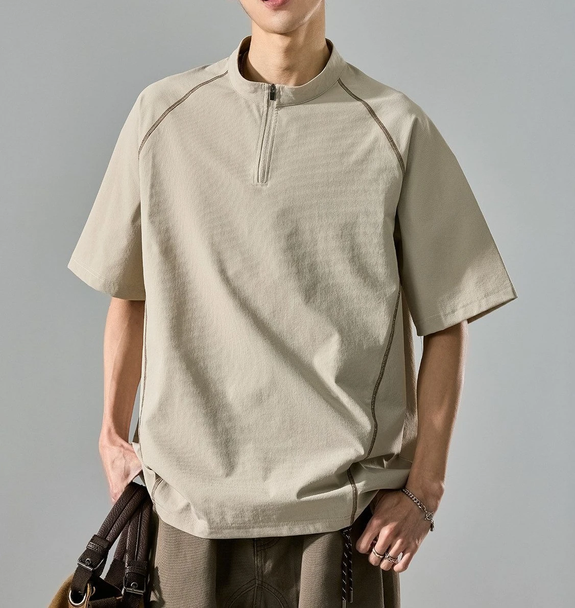 

Short-sleeved Men's 2026 Summer Ice Silk Thin Outdoor Sports T-shirt Stand-up Collar Half Zipper Quick-drying Top