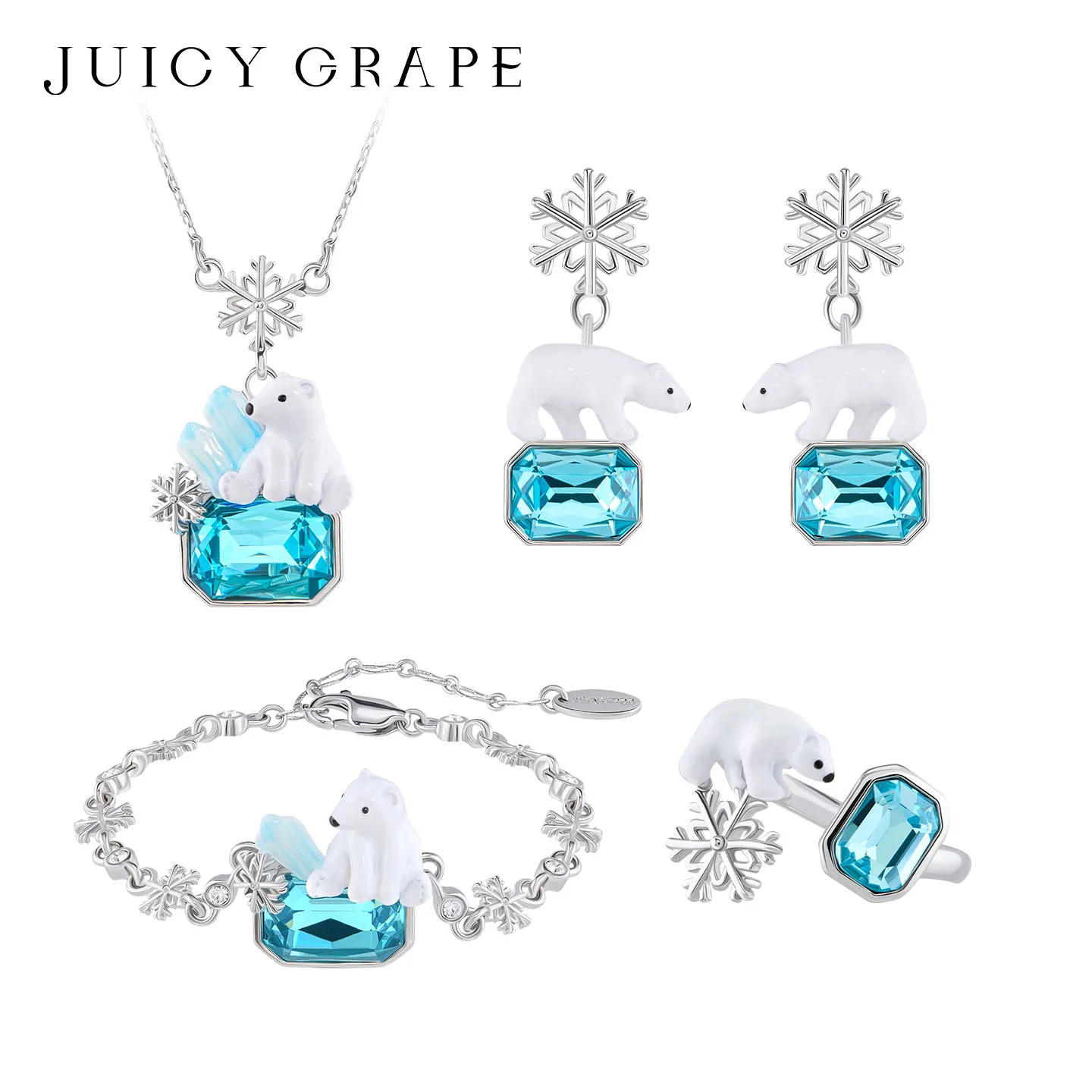 JUICY GRAPE Polar Bear Enamel Fashion Jewelry Set for Women 2026 Glacier Collection - Necklace Bracelet Earrings Ring Set