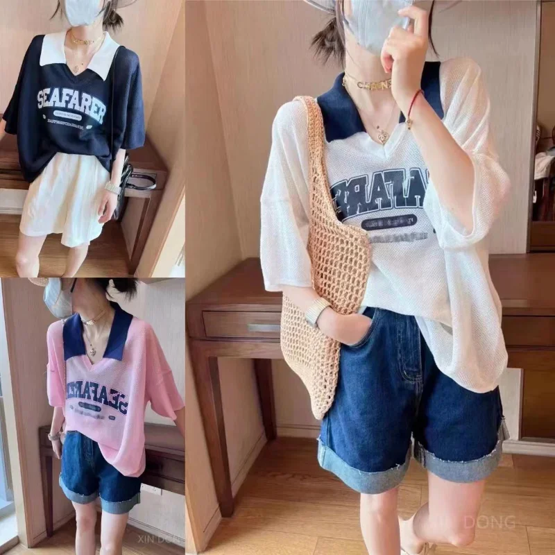 DAYIFUN-Letter Print T-shirt Women Ice Silk Thin Short Sleeve Knitted Poloshirt Oversize Breathable Versatile V-neck Tee Summer
