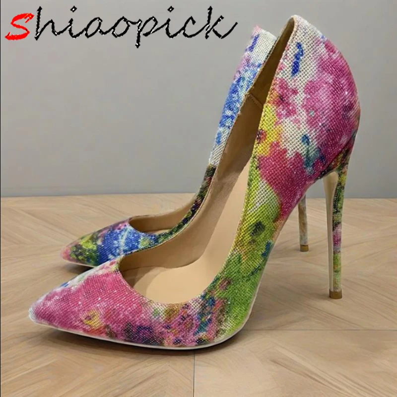

Bling Bling Woman Super High Heels Sequin Cloth Comfortable Flower Pattern Pumps Sexy Party evening Pointed toe Ladies Shoes