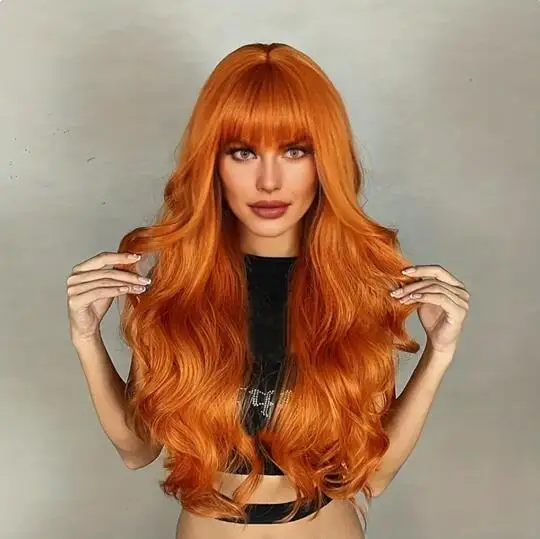 

Orange Synthetic Wig Long Hair Big Waves Air Fringe Wig White Women Natural Heat Resistant Long Curly Hair Daily Party Use