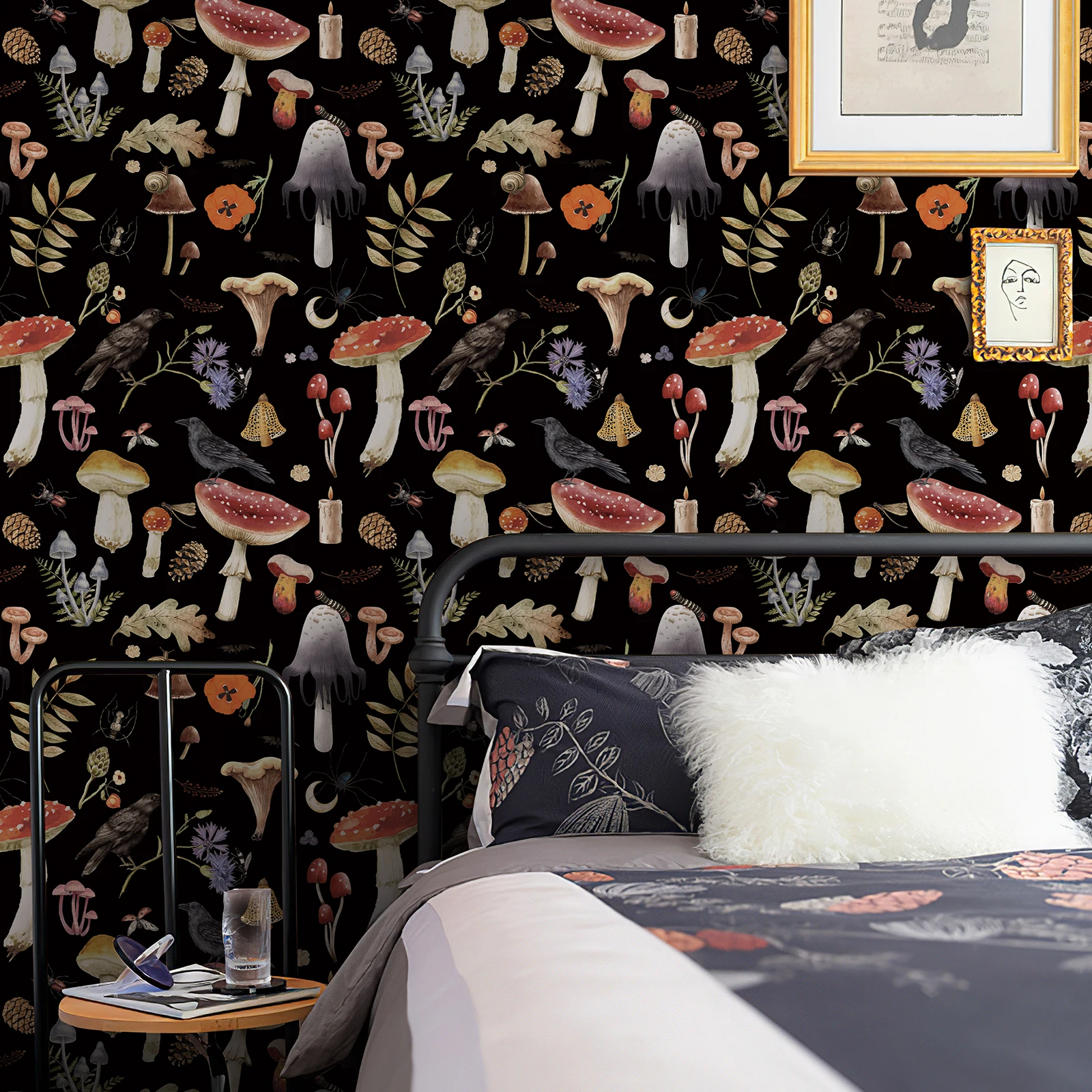 

Черные обои с грибами на Хэллоуин и джунглях, самоклеящиеся лесные обои, водонепроницаемые наклейки для декора вечеринки