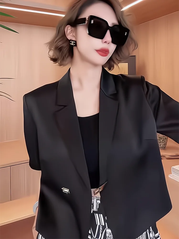 

Summer New Sle Bla Acetate Satin Surface Faionable Small Suit Jaet Ele Versatile ort irt Korean Loose Fit