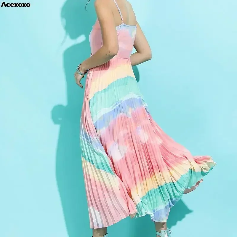 

2023 summer new women's color print splicing cool slip dress