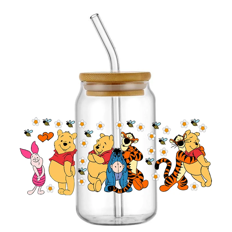 3D UV DTF Libbey Cup Wrap Cartoon Cute Pooh Friend Transfer Sticker Adhesive Waterproof Durable