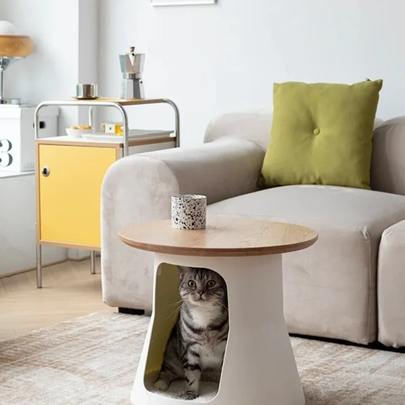 Solid Wood Minimalist Cat Side Table Multi-Functional Coffee Table Pet Bed for Living Room Home