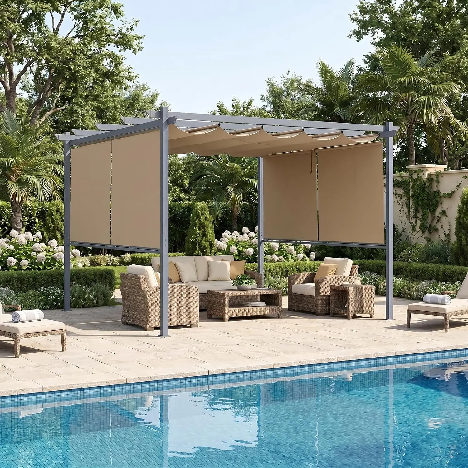 

12 x 12 ft Outdoor Pergola with Retractable Shade Canopy, Matte Aluminum Frame, 4 Roller Shade Curtains, Grape Trellis, Custom