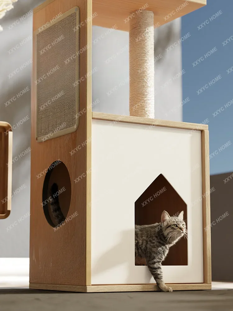 Solid Wood Cat Nest UniversalHouse Kittens Cat Scratch Trees Climbing Frame Scratching Pole Integrated House