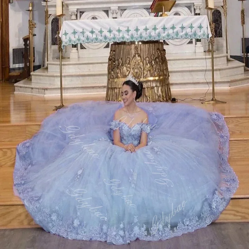 Off Shoulder Quinceanera Dresses for Girls Applique Tulle Puffy Sweet 16 Princess Pageant Dress Blue Birthday Party Evening Gown