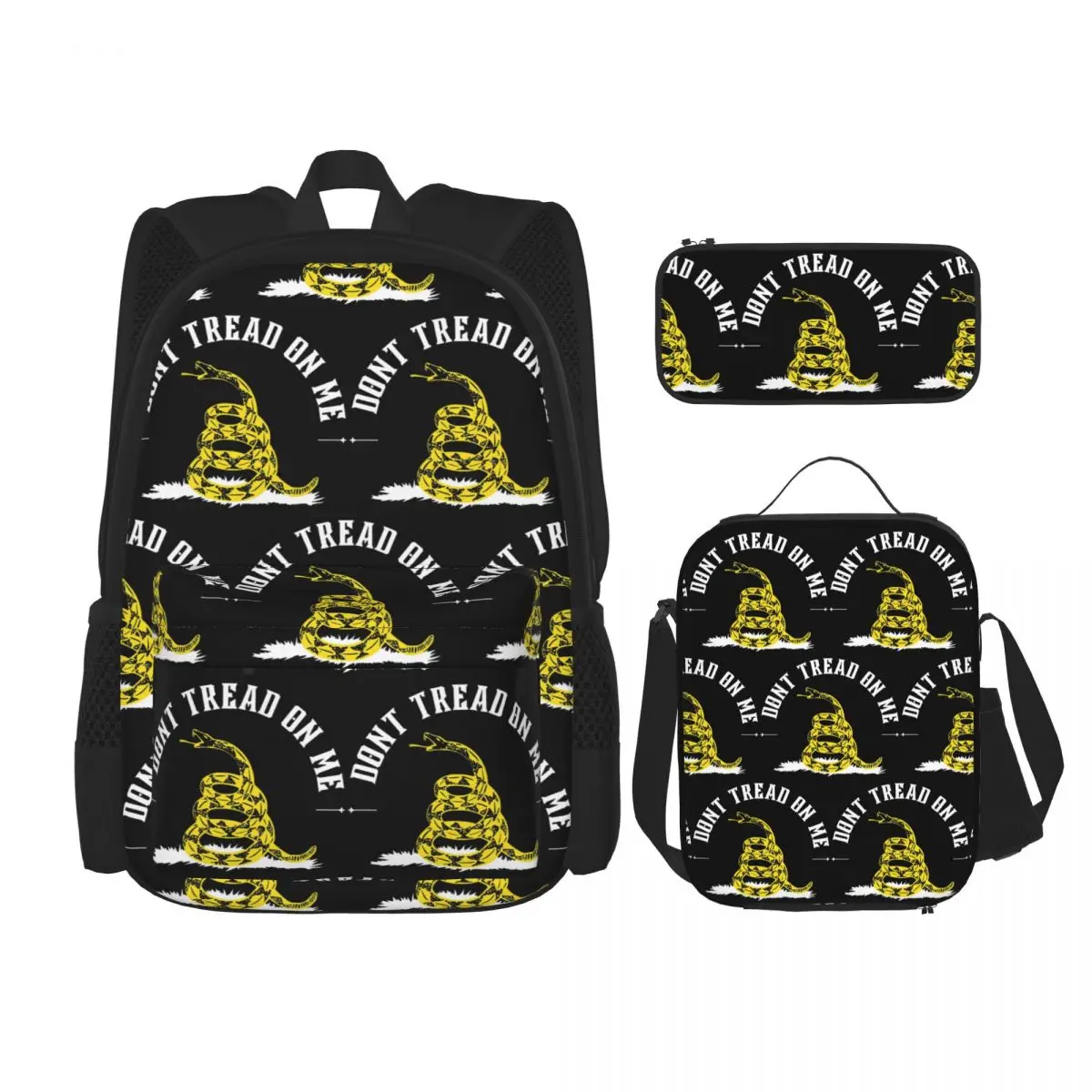 

Don't Tread On Me - Gadsden Flag - Yellow On Black Backpacks Students School Bags Kids Rucksack Lunch BagPen Bag Three-Piece Set