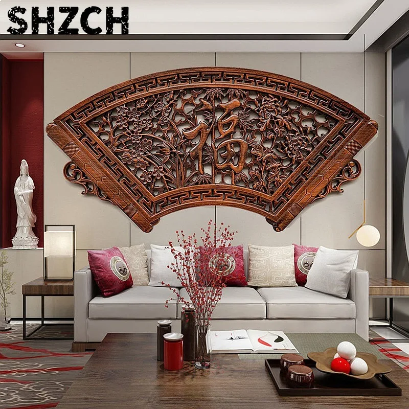 Luxury Hand-Carved Camphor Wood Wall Fan Shelf, Unique Home Decor Art for Living Room