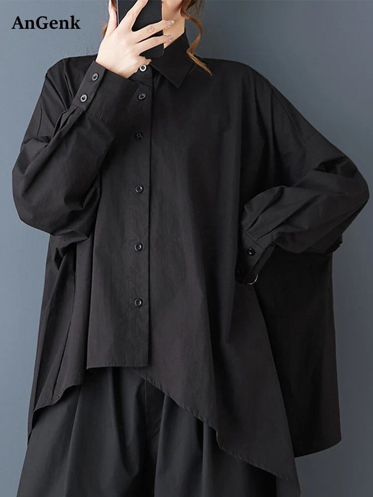

2025 Spring Autumn New Black Vintage Asymmetrical Oversized Shirt Women New Long Sleeve Loose Casual Blouse Top Fashion Clothing