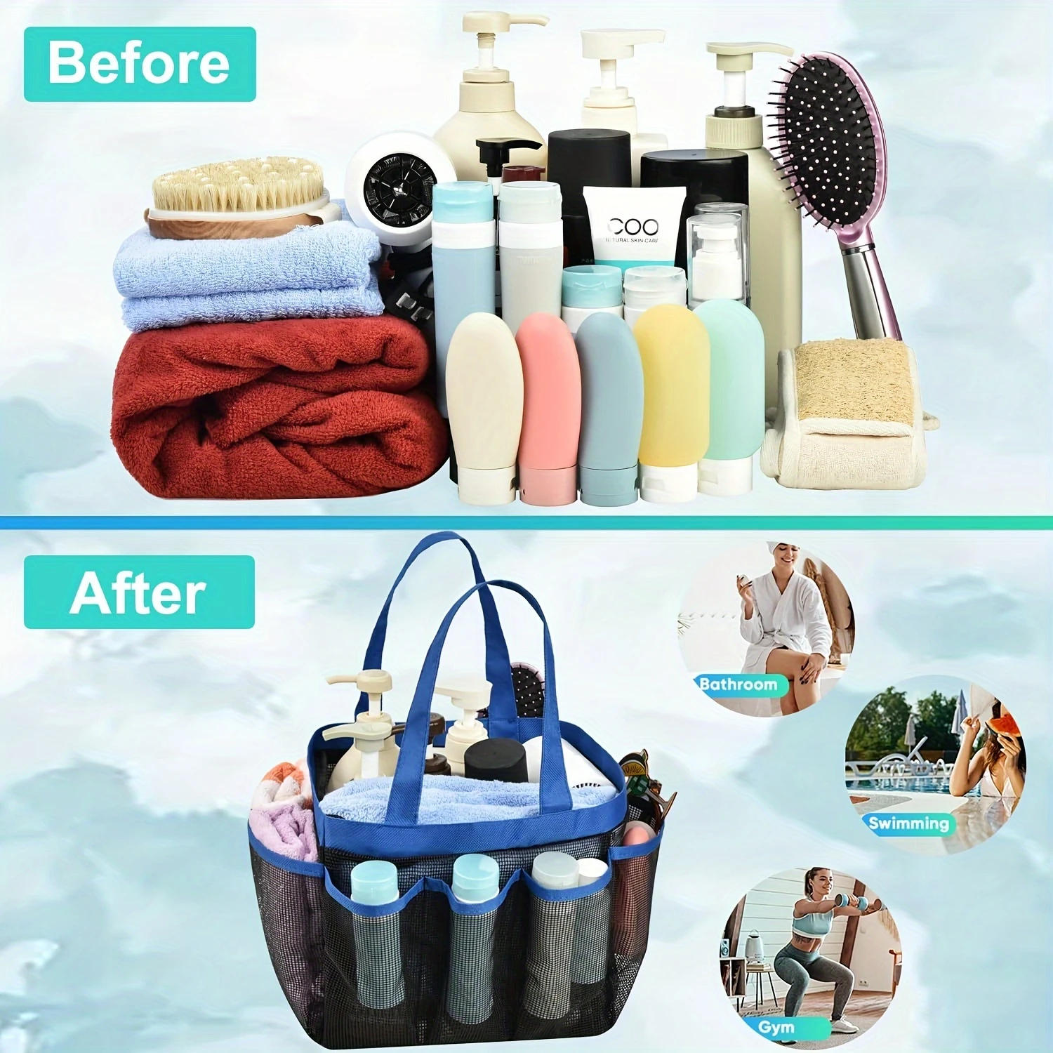 ตะกร้าอาบน้ําตาข่ายแบบพกพา 1 ชิ้น, หอพักวิทยาลัย, กระเป๋าอาบน้ําความจุขนาดใหญ่พร้อมกระเป๋า 8 ช่อง, ห้องน้ําถุงอาบน้ําแห้งเร็ว
