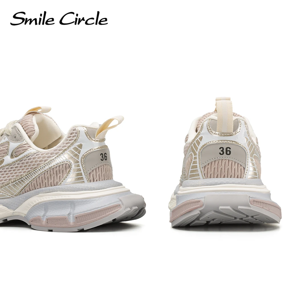 Smile Circle Luxury 3XL Chunky Sneakers Women Mesh Lace Up Flat Platform Shoes Breathable Thick Bottom Casual Sneakers