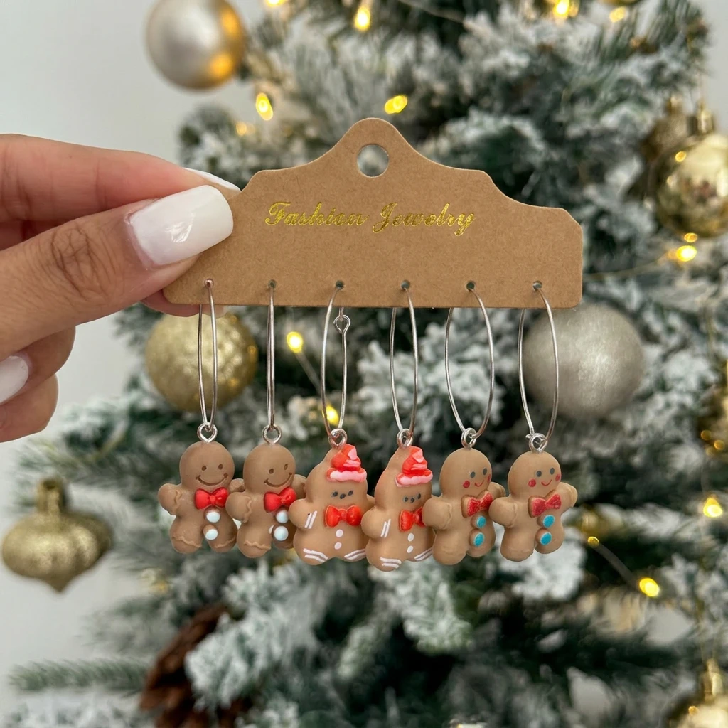 3 Paar große Kreisohrringe mit Lebkuchenmann-Motiv für Damen, einfache Ohrringe aus Kunstharz mit simulierten Keksen, Weihnachtsohrringe, Party-Schmuck, Geschenke – Detail 3