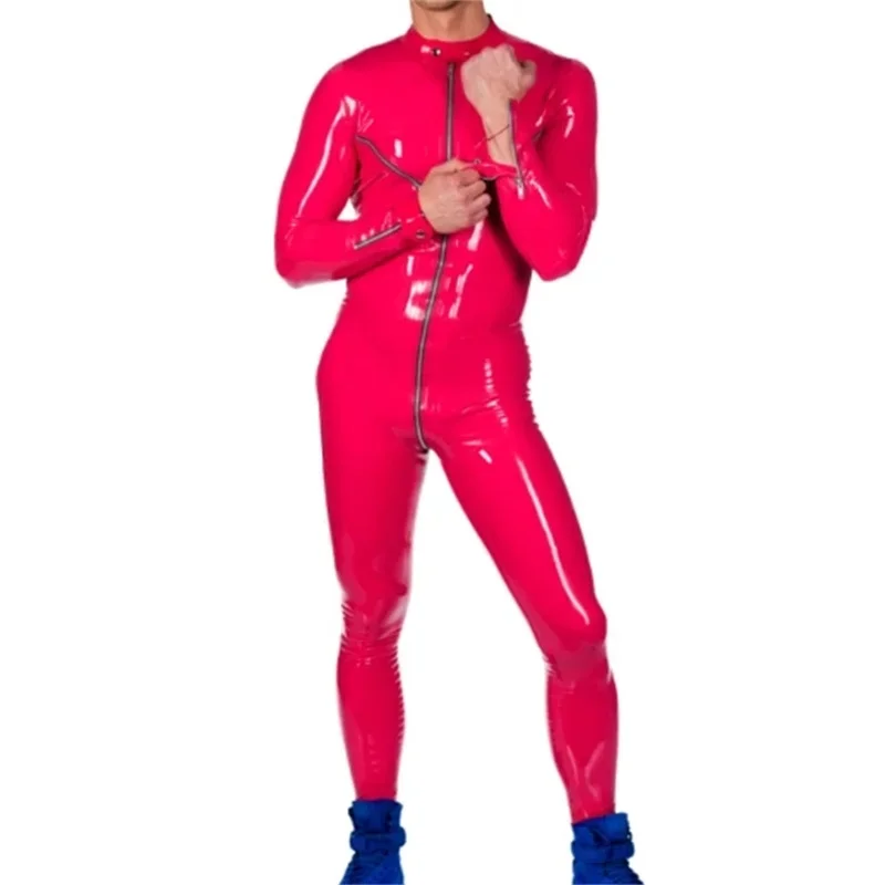 Latex Catsuit Rubber Bodysuit Red Jumpsuit W/o Socks Front Crotch Chest Wrist Ankle Zipper