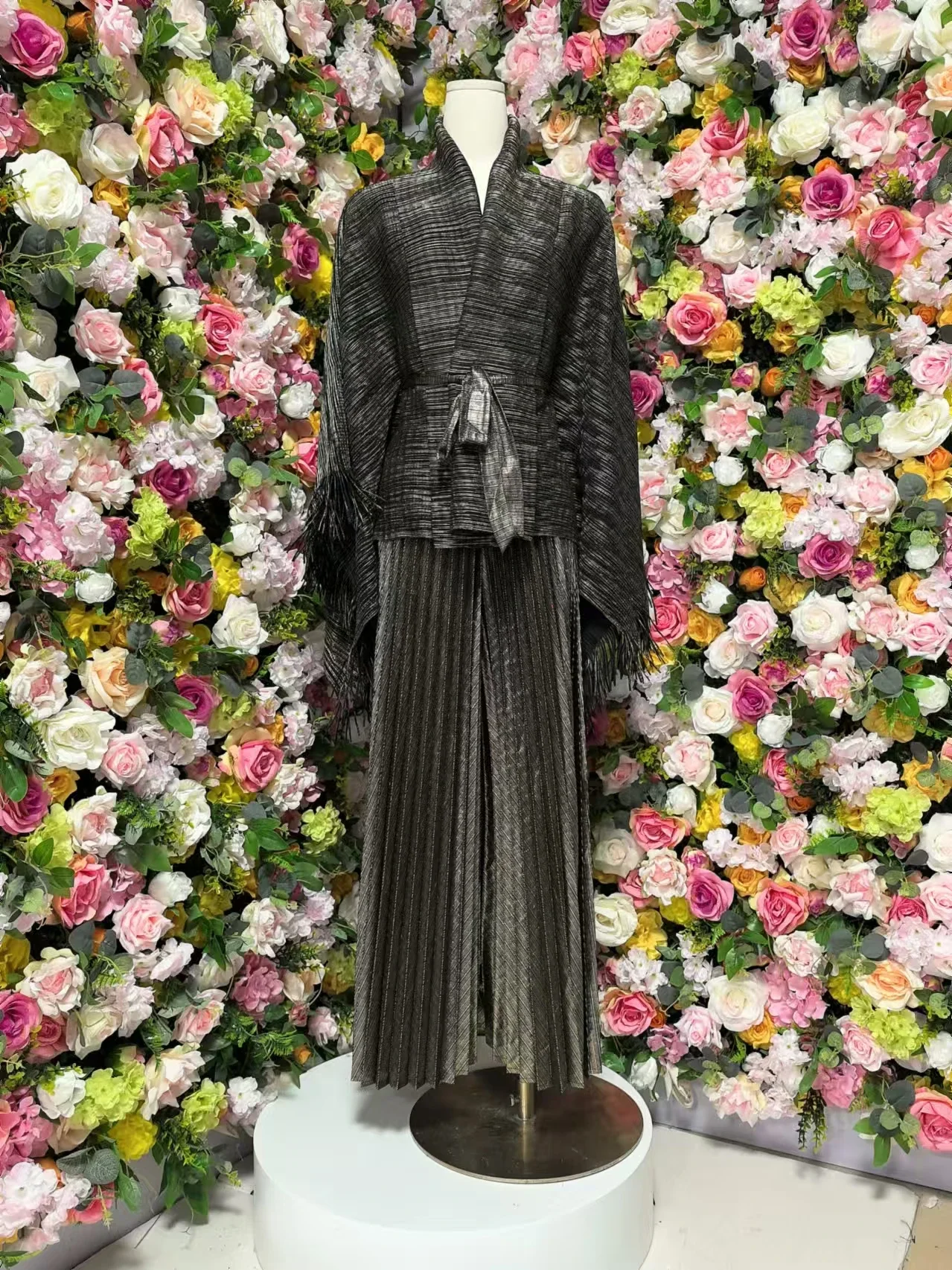 

Miyake Pleated Women's Spring Loose Batwing Sleeve Lace-Up Cropped Jacket + Trendy Pleated Skirt-Pants Two Piece Sets Outifits