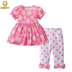 0-2Yrs Toddler Baby Girl Summer Clothes Set Cotton Floral Print Short Sleeve Top and Polka Dots Long Pants with Bow Cute Outfit