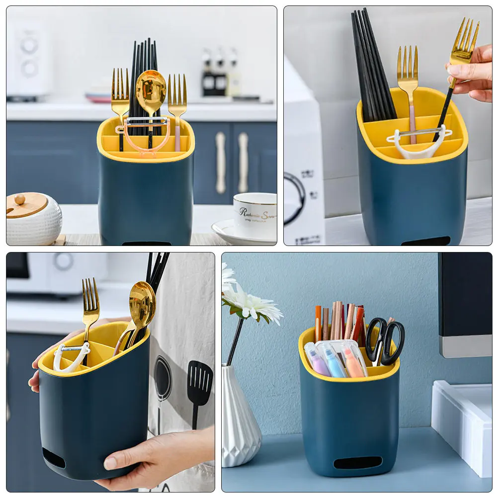 1Pcs Modern Dark Blue Chopsticks Holder Kitchen Utensil Storage Rack with Drainage Ventilation Partition Design Multifunctional