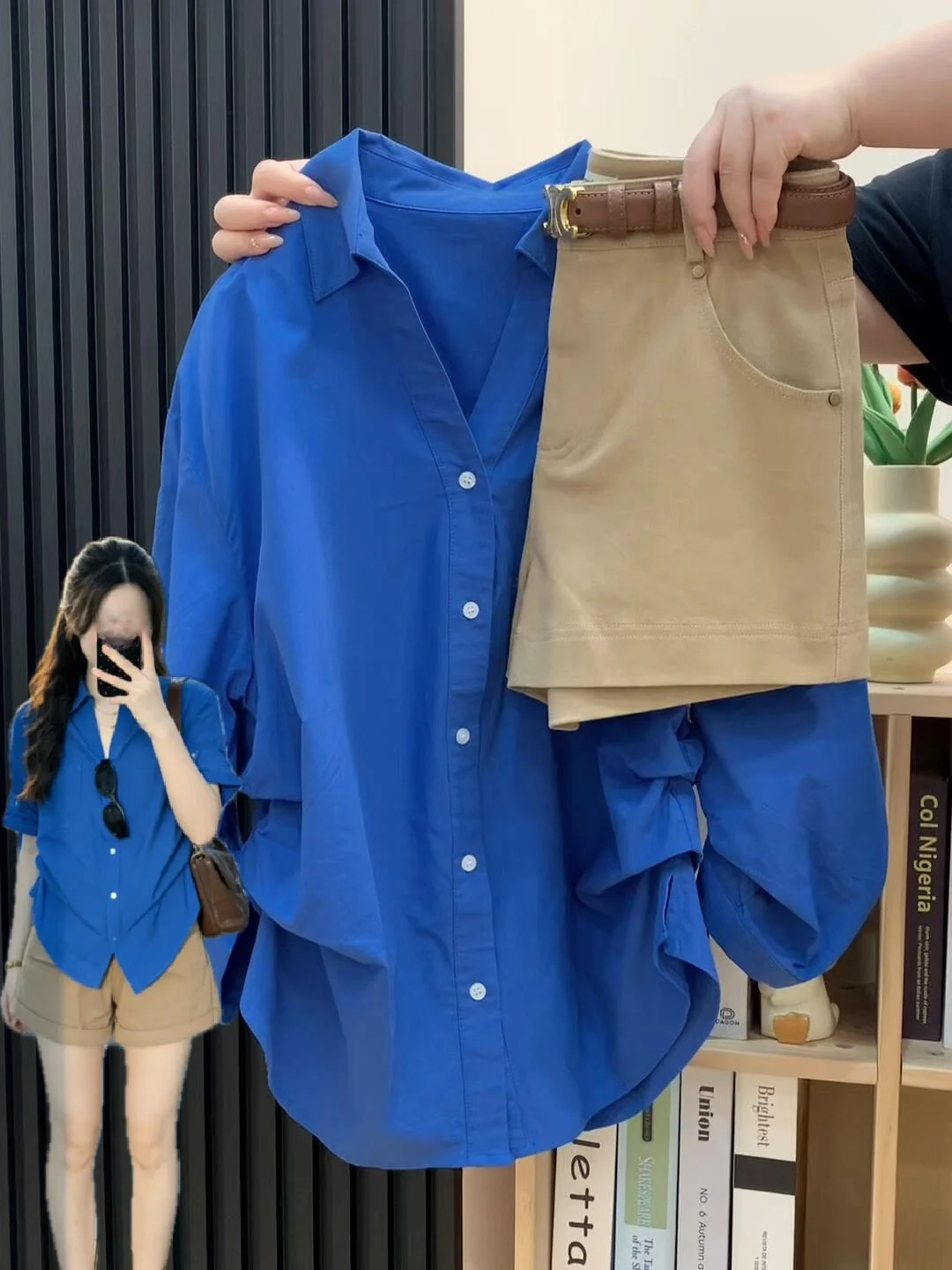 

Женская рубашка с плиссированным воротником и рукавом 3/4 цвета Klein Blue, летний дизайн, приталенный крой, защита от солнца, верхняя одежда, хлопок/полиэстер