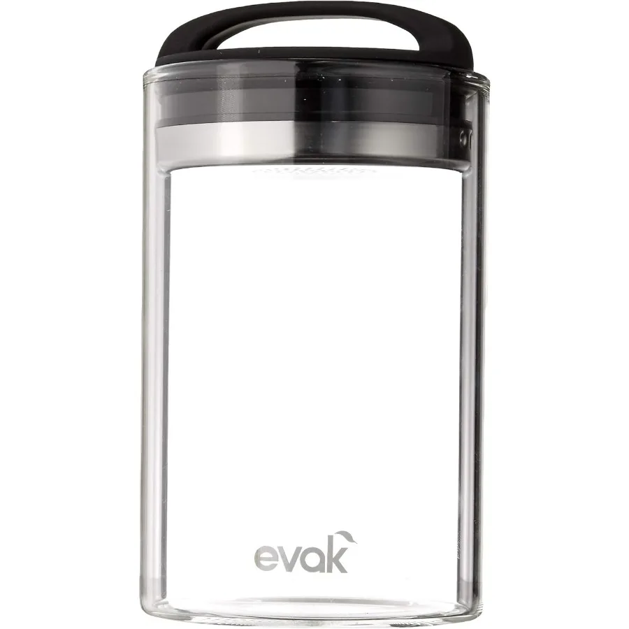 

Mediumsized airless canister with glass and stainless steel construction soft touch black handle ideal for storing fresh herbs
