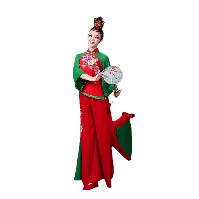 Abito da spettacolo di danza classica Yangko Elegante ombrello a ventaglio Costume da ballo tradizionale cinese antico Hanfu Yangko