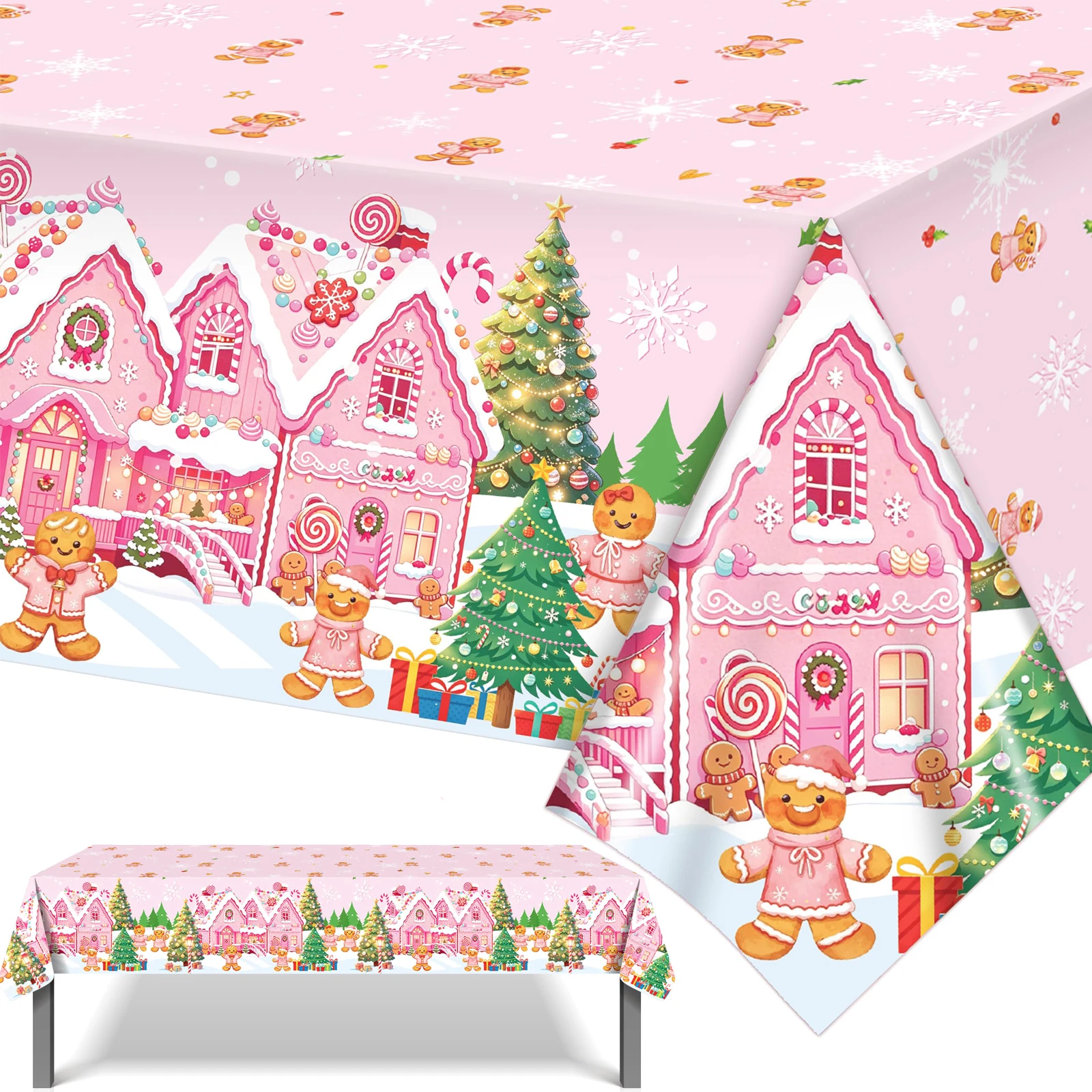 Pink Gingerbread Man Tablecloth Plastic Disposable Table Cover Candy House Print for Christmas Party Decoration Holiday