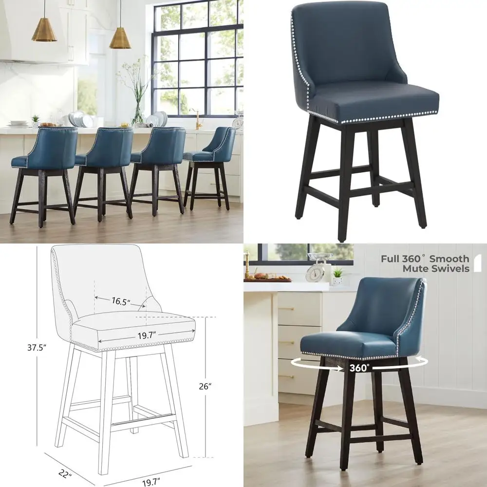 

Set of 2 Blue Faux Leather Swivel Bar Stools, 26 High, SC Certified, Upholstered Seats for Kitchen Island