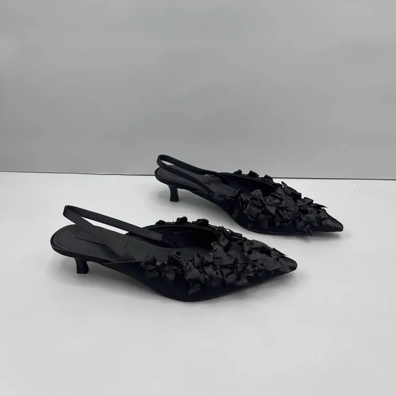 Sexy Women Bow Sandals Fashion Pointed Toe Slingback Shoes 2024 Summer New Low Heels Slides Elegant Dress Women Pumps Slipeprs