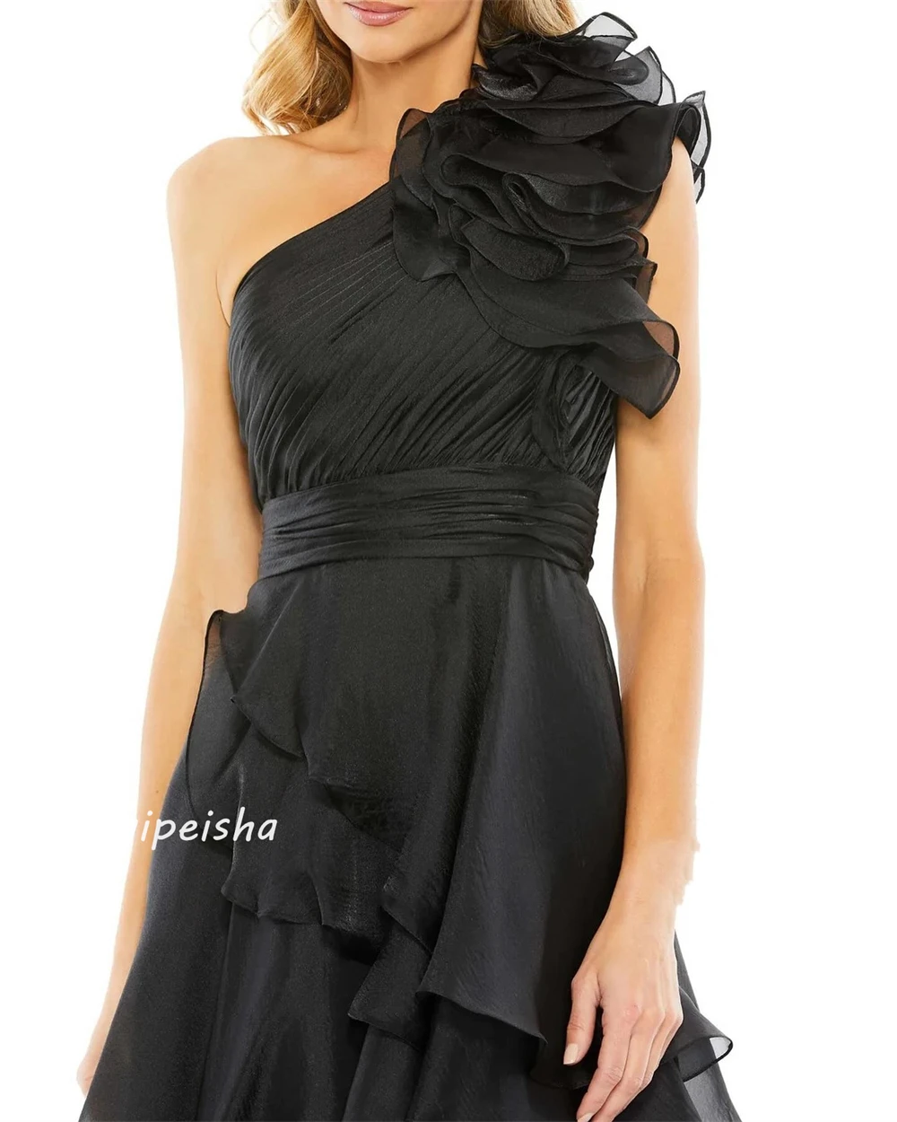 Prom Dress Saudi Arabia Evening Organza Draped Flower Ruched  A-line One-shoulder Bespoke Occasion Gown Hi-Lo Dresses