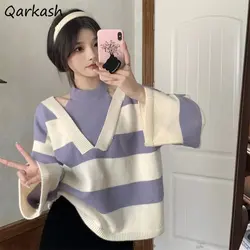 Design Halter Pullovers Women Sweater Ulzzang Fake Two Piece Striped Sweet Schoolgirl Lovely Baggy Свитер Женский Gentle Clothes