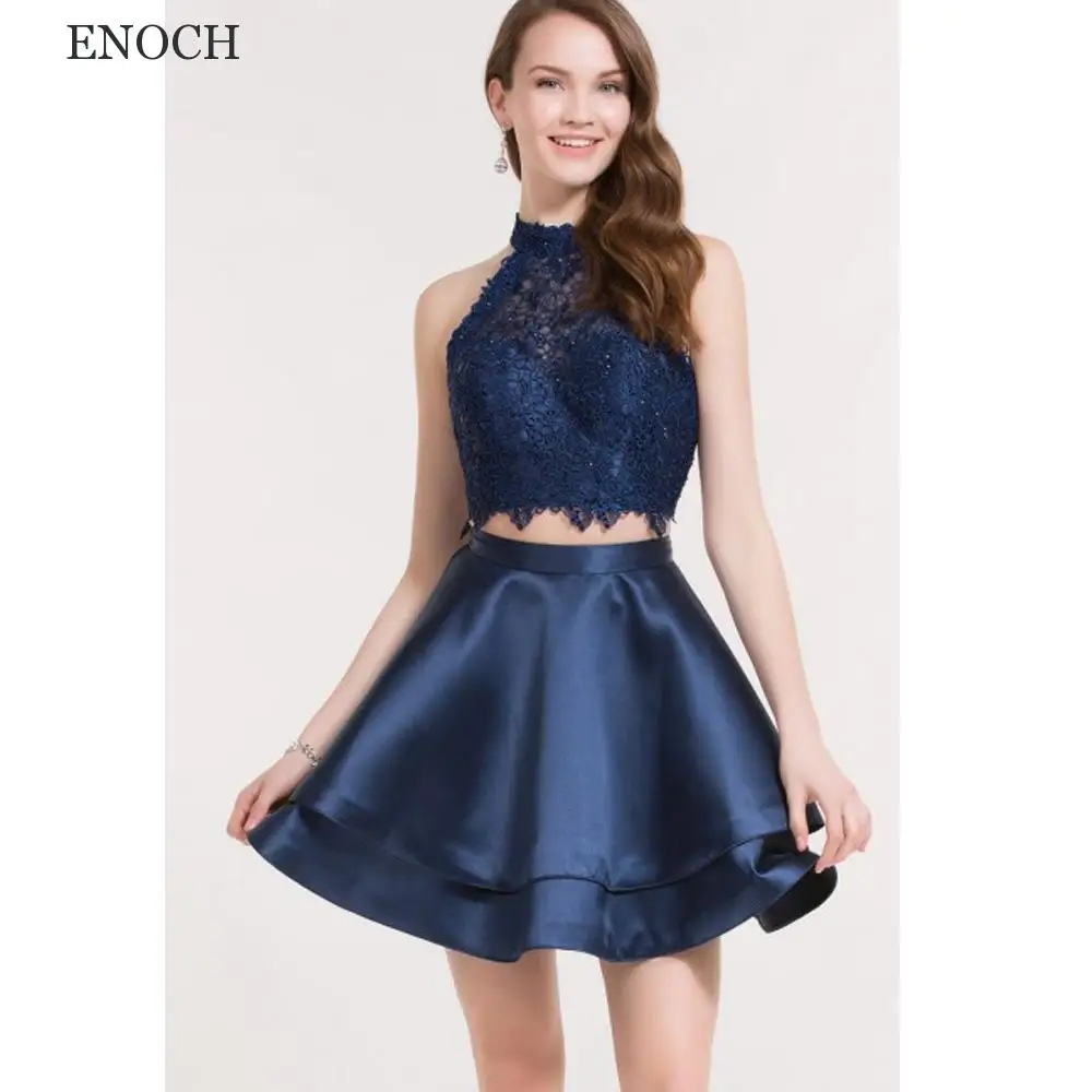 ENOCH-Vestidos De Fiesta De dos piezas con cuello alto para mujer, Mini Vestidos De Fiesta sin mangas con apliques De encaje, espalda descubierta