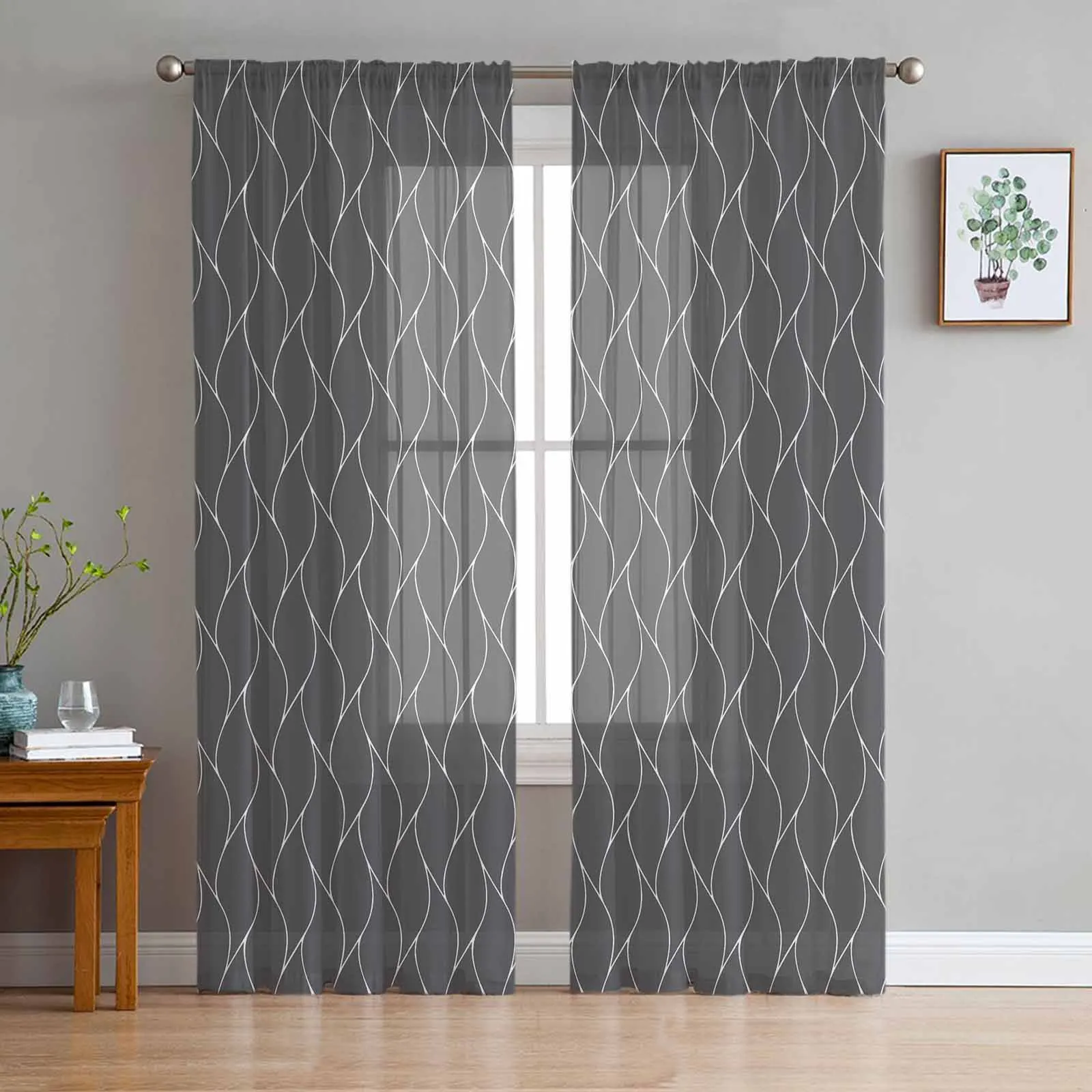 Dark Gray Long Wave Pattern Texture Sheer Curtains for Living Room Bedroom Window Treatment Kitchen Chiffon Curtain