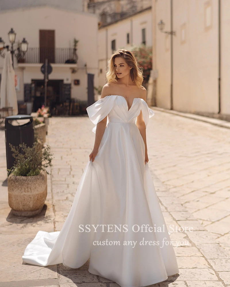 SSYTENS Luxury Satin Wedding Dresses A-line Custom Open Back Bridal Dress Train Off the Shoulder Bride Gowns for Civil Weddings