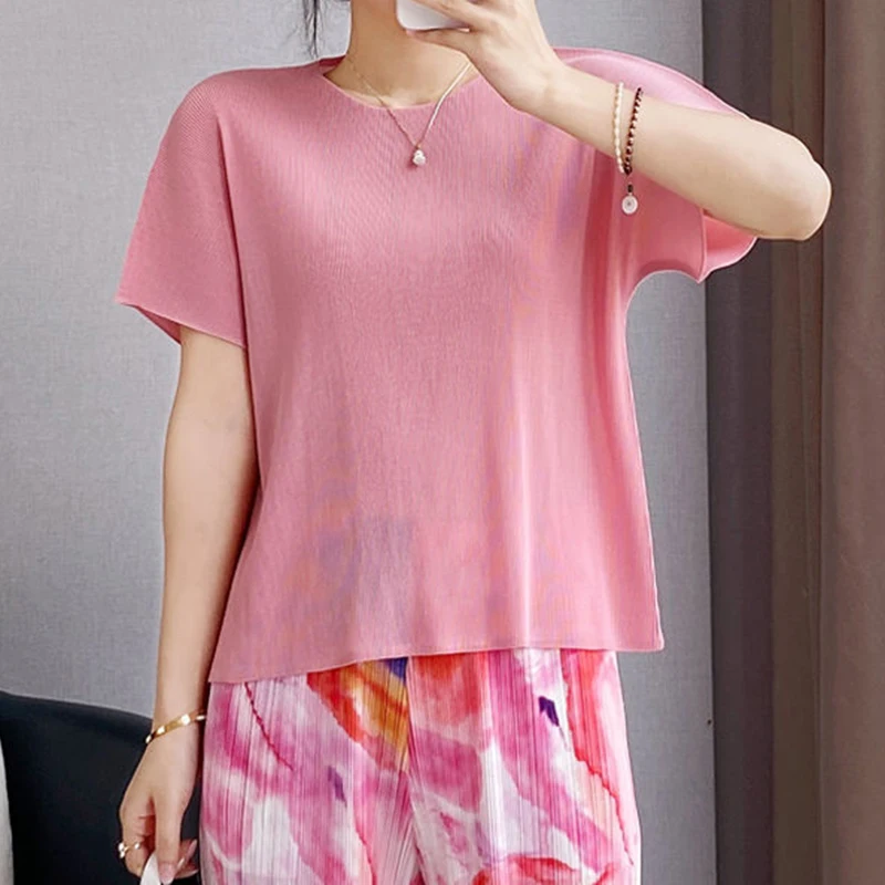 

Pleated Summer New Short sleeved Top Women's Slim Fit Solid Color Versatile Casual Commuter Bottom T-shirt