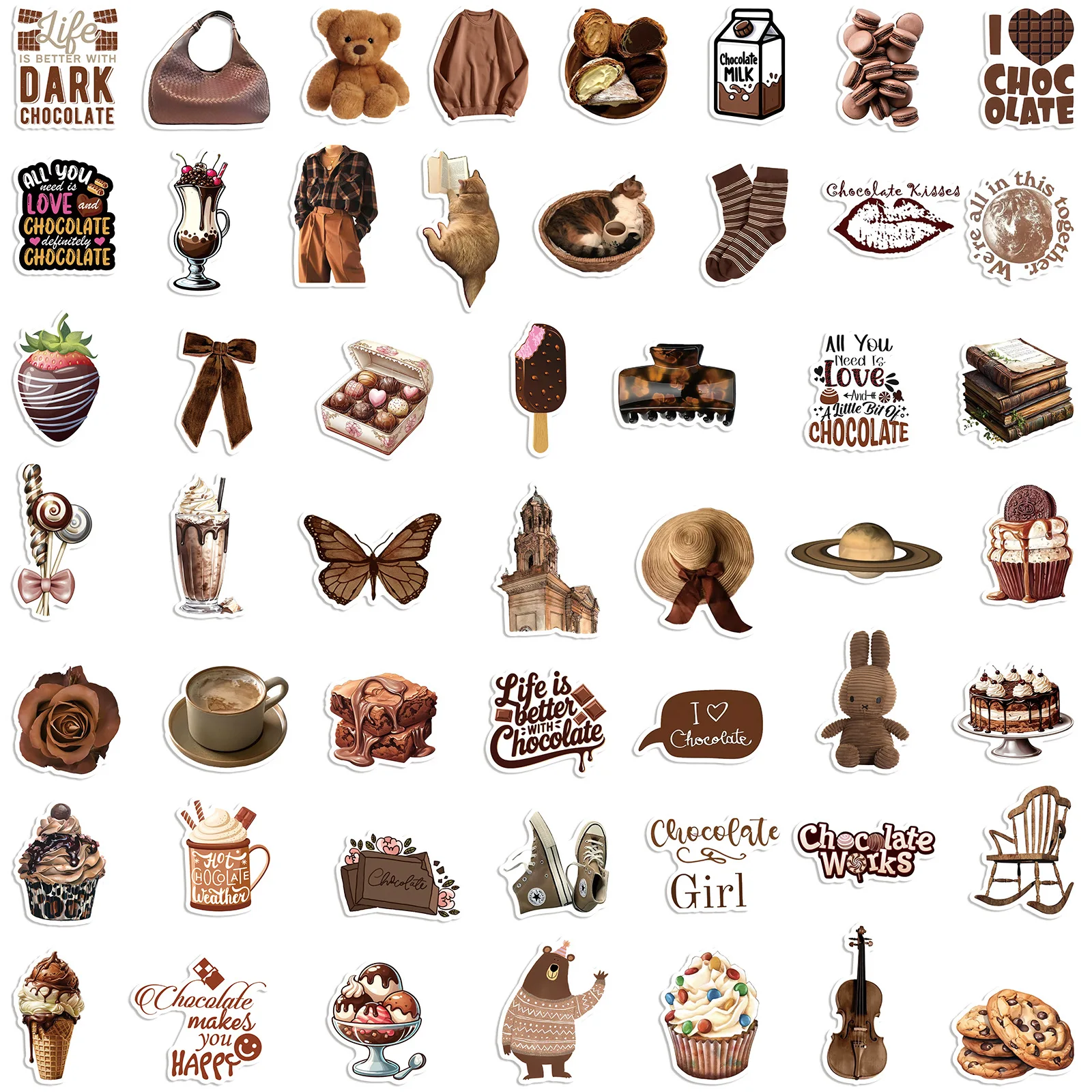 50Pcs Cartoon Chocolate PVC Sticky Sticker Aesthetic DIY Decoration Scrapbooking Hand Accounting Supplies