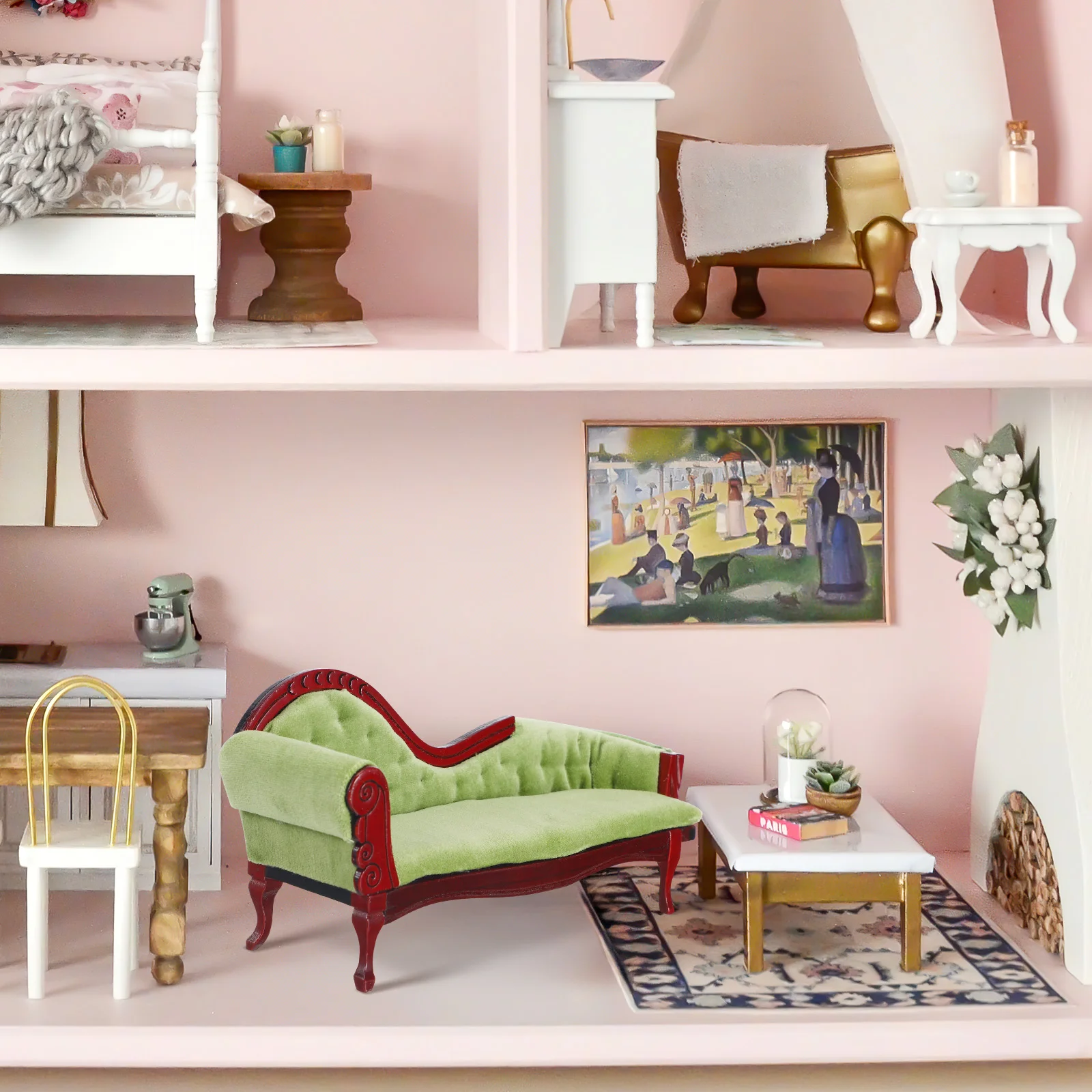 Casa de adornos, sofá de princesa, casa de muñecas verde bebé, sofá, sillón, Mini muebles de abedul en miniatura